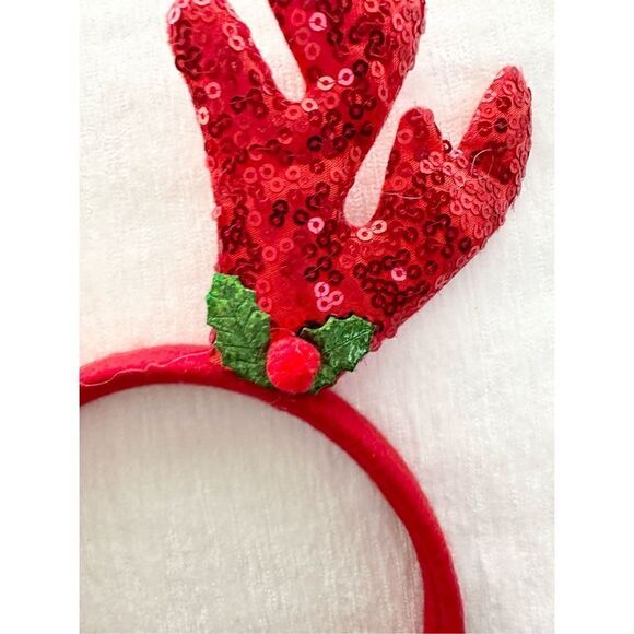 Red sequin reindeer ears with holly - Picture 3 of 3